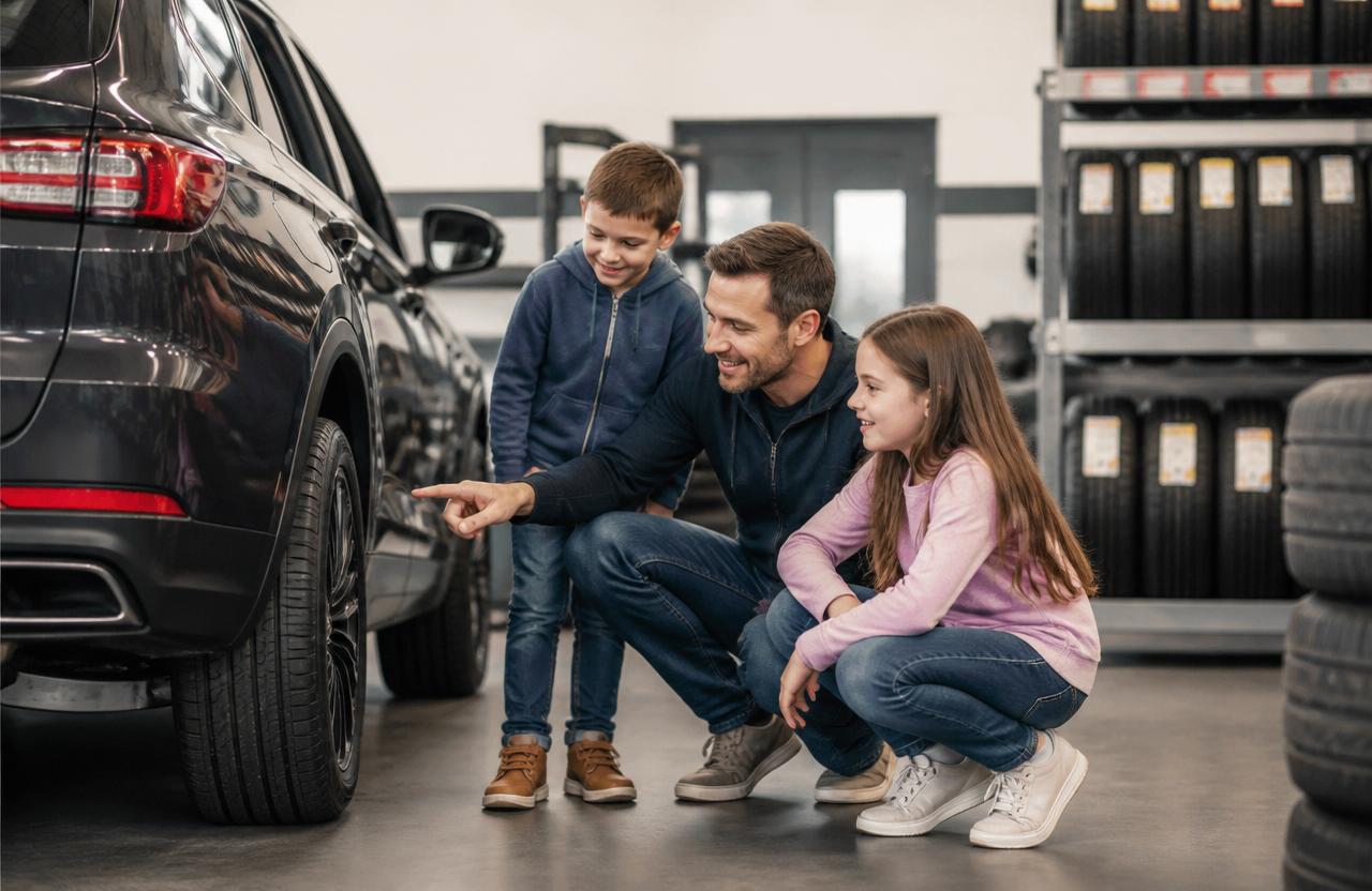 Dad showing his two kids the new tire on the family SUV